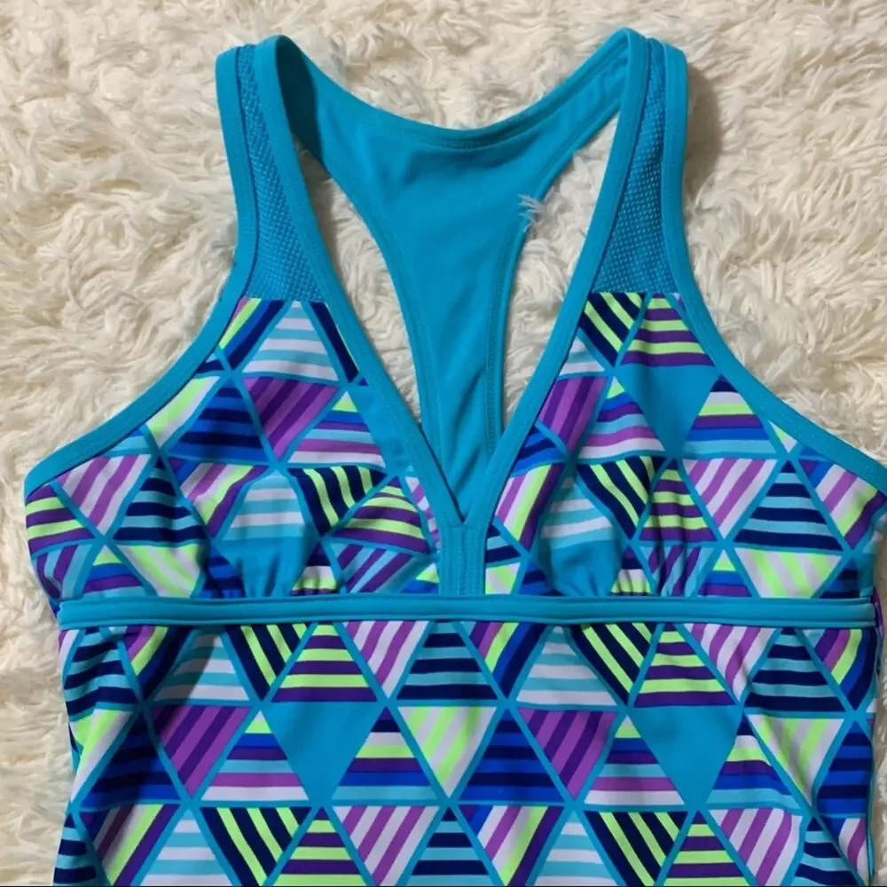 Justice Girls Swim Tank Blue and Geometric Print